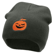 Smiling Pumpkin Embroidered 8 Inch Short Beanie - Dk-Grey OSFM