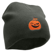 Smiling Pumpkin Embroidered 8 Inch Short Beanie - Dk-Grey OSFM