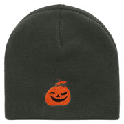 Smiling Pumpkin Embroidered 8 Inch Short Beanie - Dk-Grey OSFM