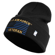 US Air Force Veteran with Flag Logo Embroidered 12 Inch Solid Knit Cuff Long Beanie Made in USA - Black OSFM