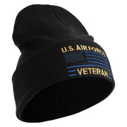 US Air Force Veteran with Flag Logo Embroidered 12 Inch Solid Knit Cuff Long Beanie Made in USA - Black OSFM