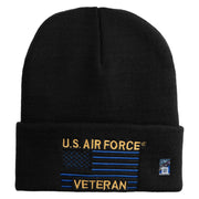 US Air Force Veteran with Flag Logo Embroidered 12 Inch Solid Knit Cuff Long Beanie Made in USA - Black OSFM