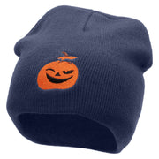 Smiling Pumpkin Embroidered 8 Inch Short Beanie - Navy OSFM