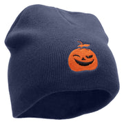 Smiling Pumpkin Embroidered 8 Inch Short Beanie - Navy OSFM