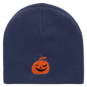 Smiling Pumpkin Embroidered 8 Inch Short Beanie - Navy OSFM