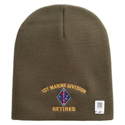 1st Marine Division Retired Symbol Embroidered 8 Inch Solid Knit Short Beanie Made in USA - Olive OSFM
