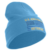 US Air Force Veteran with Flag Logo Embroidered 12 Inch Solid Knit Cuff Long Beanie Made in USA - Carolina-Blue OSFM