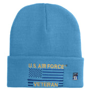 US Air Force Veteran with Flag Logo Embroidered 12 Inch Solid Knit Cuff Long Beanie Made in USA - Carolina-Blue OSFM