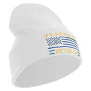 US Air Force Veteran with Flag Logo Embroidered 12 Inch Solid Knit Cuff Long Beanie Made in USA - White OSFM