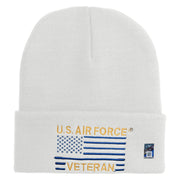 US Air Force Veteran with Flag Logo Embroidered 12 Inch Solid Knit Cuff Long Beanie Made in USA - White OSFM