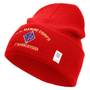 U.S. Marine Corps 1st Marine Division Logo Embroidered 12 Inch Solid Knit Cuff Long Beanie Made in USA - Red OSFM