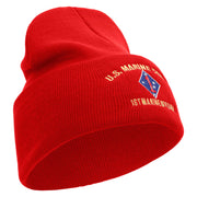 U.S. Marine Corps 1st Marine Division Logo Embroidered 12 Inch Solid Knit Cuff Long Beanie Made in USA - Red OSFM