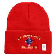 U.S. Marine Corps 1st Marine Division Logo Embroidered 12 Inch Solid Knit Cuff Long Beanie Made in USA - Red OSFM