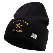 Licensed US Army Veteran Military Embroidered 12 Inch Solid Knit Cuff Long Beanie Made in USA - Black OSFM