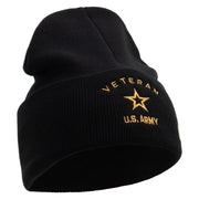 Licensed US Army Veteran Military Embroidered 12 Inch Solid Knit Cuff Long Beanie Made in USA - Black OSFM