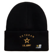 Licensed US Army Veteran Military Embroidered 12 Inch Solid Knit Cuff Long Beanie Made in USA - Black OSFM