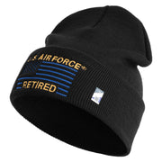 US Air Force Retired with Flag Logo Embroidered 12 Inch Solid Knit Cuff Long Beanie Made in USA - Black OSFM