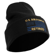 US Air Force Retired with Flag Logo Embroidered 12 Inch Solid Knit Cuff Long Beanie Made in USA - Black OSFM