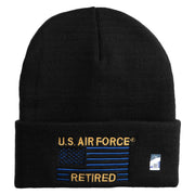 US Air Force Retired with Flag Logo Embroidered 12 Inch Solid Knit Cuff Long Beanie Made in USA - Black OSFM