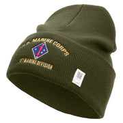U.S. Marine Corps 1st Marine Division Logo Embroidered 12 Inch Solid Knit Cuff Long Beanie Made in USA - Olive OSFM