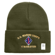 U.S. Marine Corps 1st Marine Division Logo Embroidered 12 Inch Solid Knit Cuff Long Beanie Made in USA - Olive OSFM