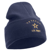 Licensed US Army Veteran Military Embroidered 12 Inch Solid Knit Cuff Long Beanie Made in USA - Navy OSFM