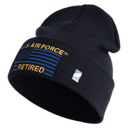 US Air Force Retired with Flag Logo Embroidered 12 Inch Solid Knit Cuff Long Beanie Made in USA - Navy OSFM