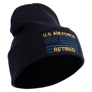 US Air Force Retired with Flag Logo Embroidered 12 Inch Solid Knit Cuff Long Beanie Made in USA - Navy OSFM