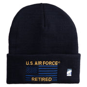 US Air Force Retired with Flag Logo Embroidered 12 Inch Solid Knit Cuff Long Beanie Made in USA - Navy OSFM