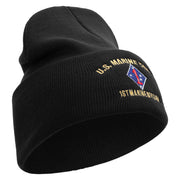 U.S. Marine Corps 1st Marine Division Logo Embroidered 12 Inch Solid Knit Cuff Long Beanie Made in USA - Black OSFM