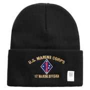 U.S. Marine Corps 1st Marine Division Logo Embroidered 12 Inch Solid Knit Cuff Long Beanie Made in USA - Black OSFM