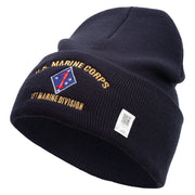 U.S. Marine Corps 1st Marine Division Logo Embroidered 12 Inch Solid Knit Cuff Long Beanie Made in USA - Navy OSFM