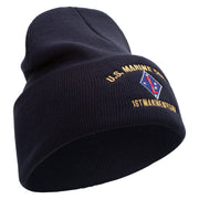 U.S. Marine Corps 1st Marine Division Logo Embroidered 12 Inch Solid Knit Cuff Long Beanie Made in USA - Navy OSFM