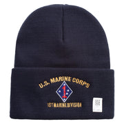 U.S. Marine Corps 1st Marine Division Logo Embroidered 12 Inch Solid Knit Cuff Long Beanie Made in USA - Navy OSFM