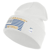 US Air Force Retired with Flag Logo Embroidered 12 Inch Solid Knit Cuff Long Beanie Made in USA - White OSFM