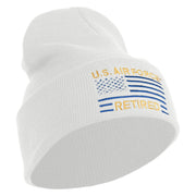 US Air Force Retired with Flag Logo Embroidered 12 Inch Solid Knit Cuff Long Beanie Made in USA - White OSFM