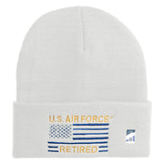 US Air Force Retired with Flag Logo Embroidered 12 Inch Solid Knit Cuff Long Beanie Made in USA - White OSFM