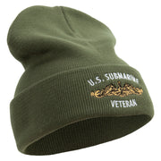 Made in USA Golden US Submarine Veteran Logo 12 Inch Solid Knit Cuff Long Beanie - Olive OSFM