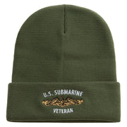 Made in USA Golden US Submarine Veteran Logo 12 Inch Solid Knit Cuff Long Beanie - Olive OSFM