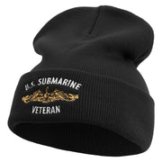 Made in USA Golden US Submarine Veteran Logo 12 Inch Solid Knit Cuff Long Beanie - Black OSFM