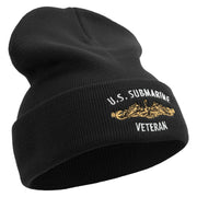 Made in USA Golden US Submarine Veteran Logo 12 Inch Solid Knit Cuff Long Beanie - Black OSFM