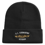 Made in USA Golden US Submarine Veteran Logo 12 Inch Solid Knit Cuff Long Beanie - Black OSFM