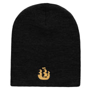 Made in USA Pirate Ship Embroidered 8 Inch Short Beanie - Black OSFM