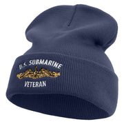 Made in USA Golden US Submarine Veteran Logo 12 Inch Solid Knit Cuff Long Beanie - Navy OSFM