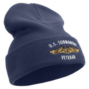 Made in USA Golden US Submarine Veteran Logo 12 Inch Solid Knit Cuff Long Beanie - Navy OSFM