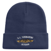 Made in USA Golden US Submarine Veteran Logo 12 Inch Solid Knit Cuff Long Beanie - Navy OSFM