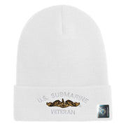 Golden Dolphin US Submarine Veteran Logo Embroidered 12 inch Cuffed Knit YP Long Beanie - White OSFM
