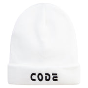 Code Embroidered 12 Inch Long Knitted Beanie - White OSFM