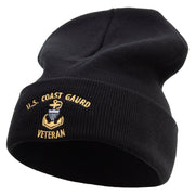 Made in USA Silver US Coast Guard Veteran Logo 12 Inch Solid Knit Cuff Long Beanie - Black OSFM