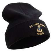 Made in USA Silver US Coast Guard Veteran Logo 12 Inch Solid Knit Cuff Long Beanie - Black OSFM